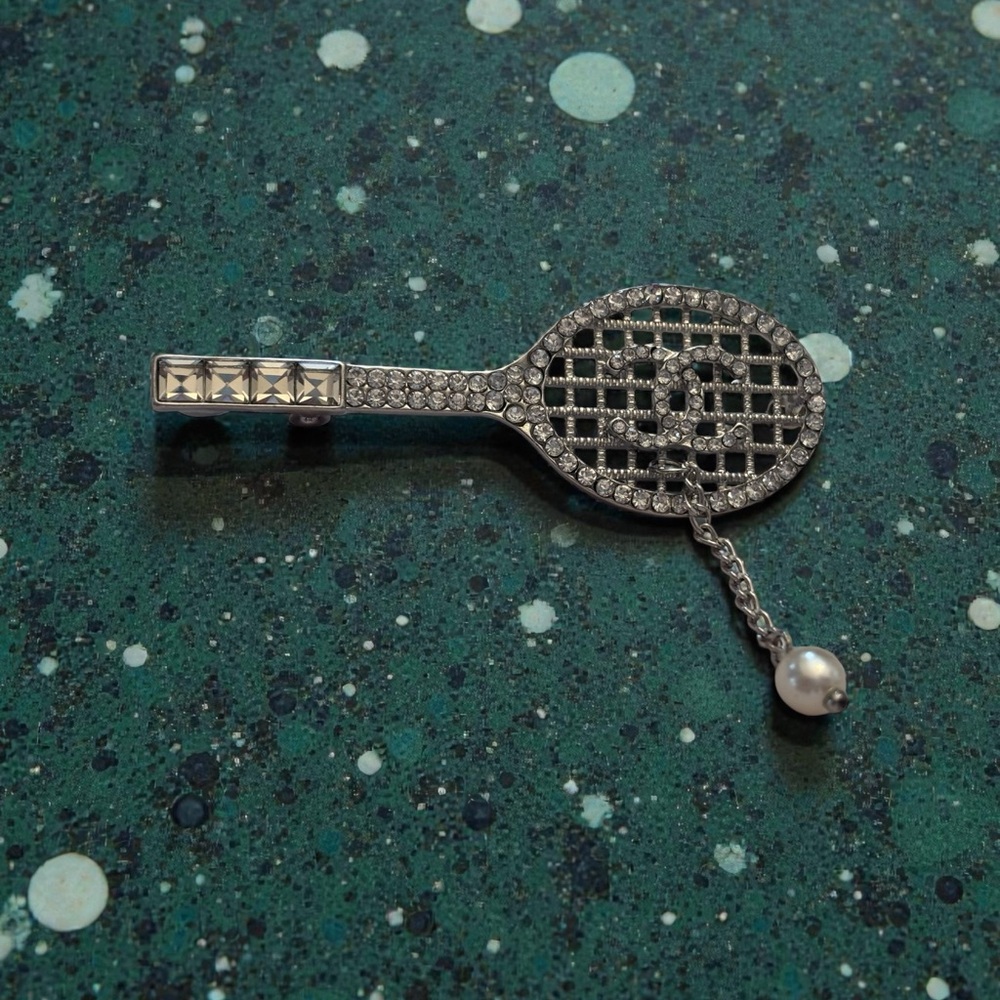 Chanel Elegant Tennis Racket made with zipper pulls Brooch with Pearl Accent